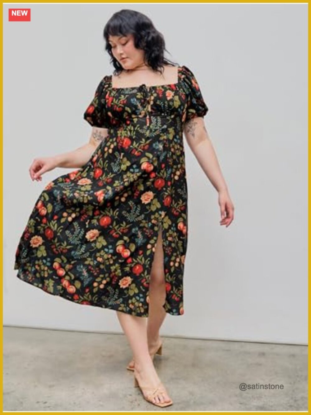 Plus Size Floral Fruit Puff Sleeve Midi Dress - Picture 2 of 7